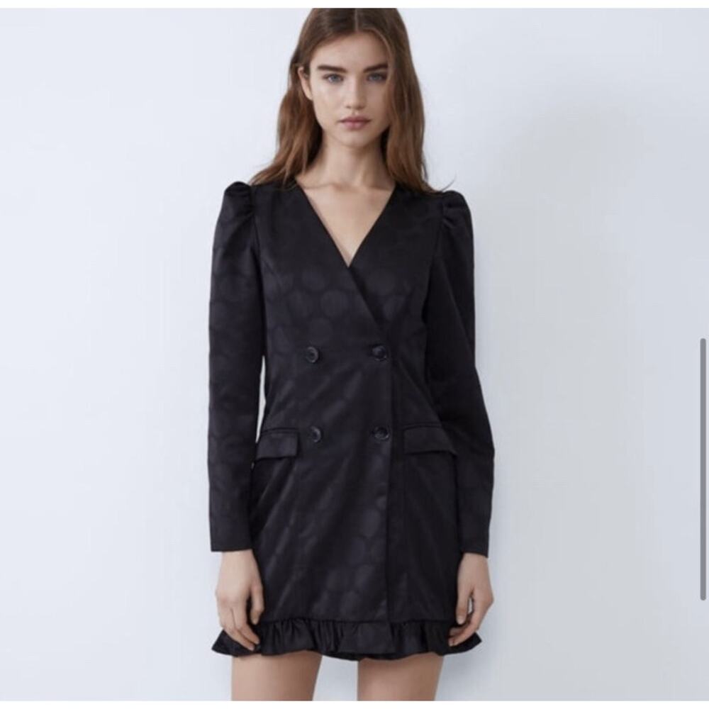 ZARA Jacquard Dot Puff Shoulder Blazer Mini Dress Black Size Small